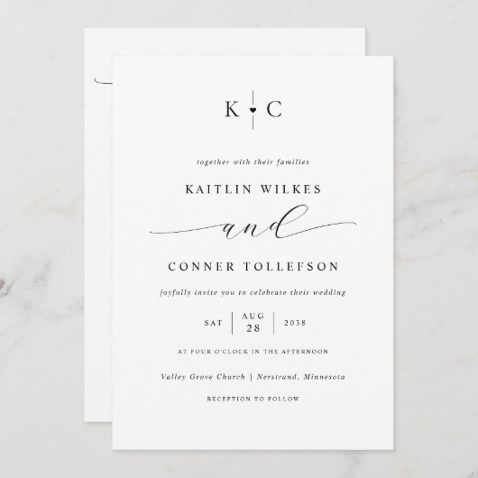 Minimalistisches Einfaches Herz Monogram Romantisc Einladung (Vorne/Hinten)