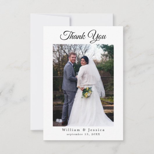 Minimalistisches einfaches Hochzeitsskript-Foto un Dankeskarte (Vorderseite)