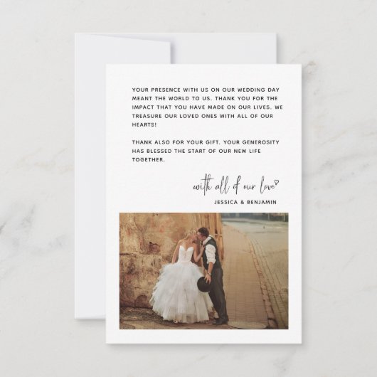 Minimalistisches einfaches Skript mit Herz-Hochzei Dankeskarte (Rückseite)