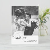 Minimalistisches einfaches Skript mit Wedding Foto Dankeskarte (Stehend Vorderseite)