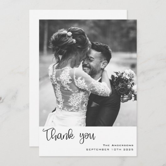 Minimalistisches einfaches Skript mit Wedding Foto Dankeskarte (Vorne/Hinten)