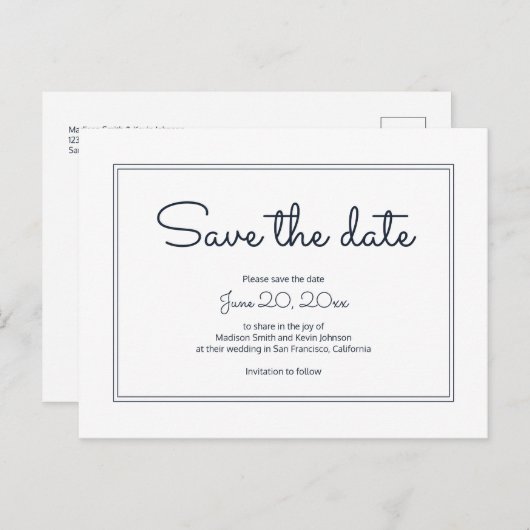Minimalistisches einfaches Skript Save the Date Postkarte (Vorne/Hinten)