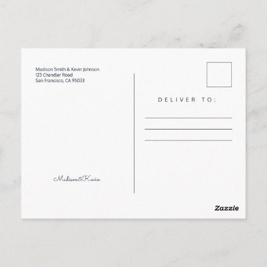 Minimalistisches einfaches Skript Save the Date Postkarte (Rückseite)