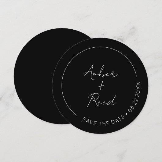 Minimalistisches einfaches Skriptschwarzes Rundsch Save The Date (Vorne/Hinten)