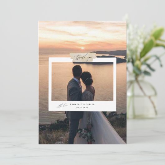 Minimalistisches einfaches SkriptWedding-Foto Dankeskarte (Stehend Vorderseite)
