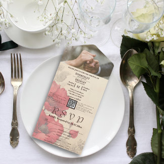 Minimalistisches Elegant Red Floral Poppy QR Code  All In One Einladung