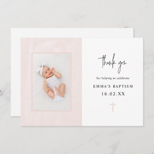 Minimalistisches elegantes rosa Foto Taufe Dankeskarte (Vorne/Hinten)