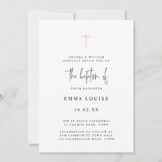 Minimalistisches elegantes rosa Foto Taufe Einladung (Vorderseite)