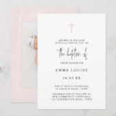 Minimalistisches elegantes rosa Foto Taufe Einladung (Vorne/Hinten)