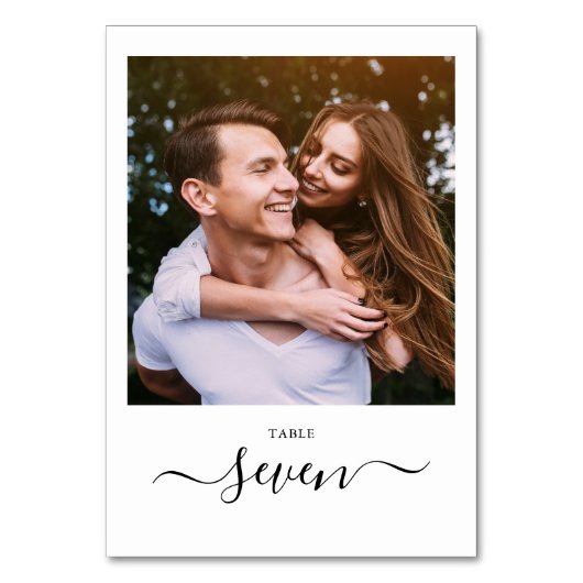 Minimalistisches elegantes Schwarzes Skript-Foto Tischnummer (Vorderseite)