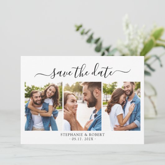 Minimalistisches elegantes Script 3 Foto Collage W Save The Date (Stehend Vorderseite)
