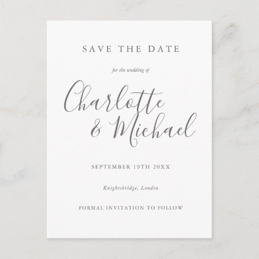 Minimalistisches Elegantes Skript Save the Date Postkarte (Vorderseite)