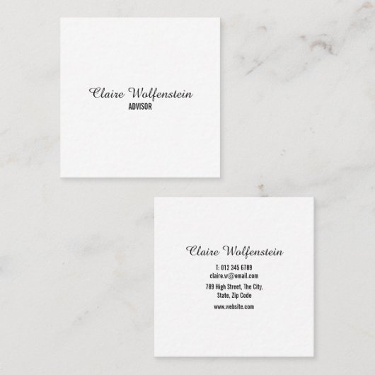 Minimalistisches, elegantes Skript Schwarz und Wei Quadratische Visitenkarte (Vorne/Hinten)