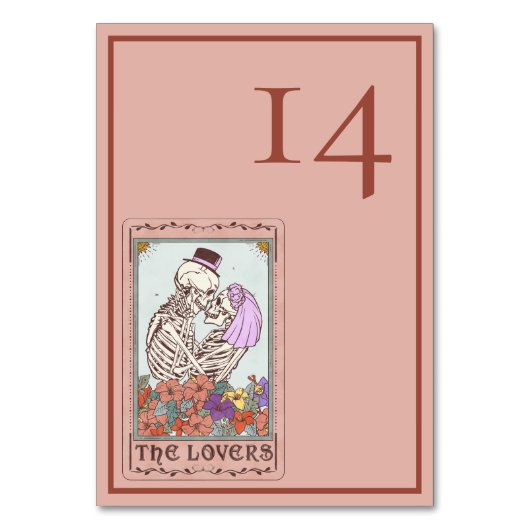 Minimalistisches Elegantes Tarot Skeletts Hochzeit Tischnummer (Vorderseite)