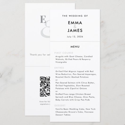 Minimalistisches Et-Zeichen-Hochzeit | QR-Code | E Menükarte (Vorne/Hinten)