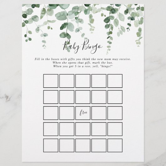Minimalistisches Eucalyptus Baby Bingo Duschspiel (Vorderseite)