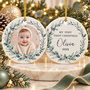 Minimalistisches Eukalyptus-Baby-Erste-Weihnachten Keramik Ornament
