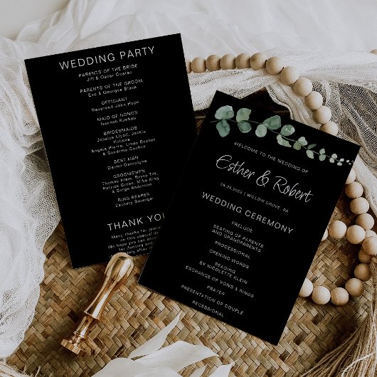 Minimalistisches Eukalyptus Black Wedding Programm
