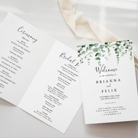 Minimalistisches Eukalyptus-Folded-Hochzeitsprogra Programm