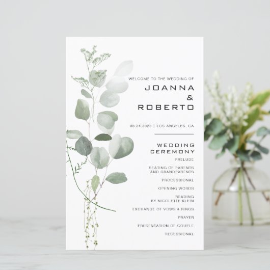 Minimalistisches Eukalyptus-Foliage-Hochzeitsprogr (Stehend Vorderseite)