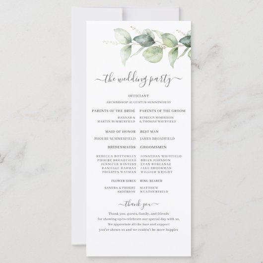 Minimalistisches Eukalyptus Greenery-Hochzeitsprog (Rückseite)