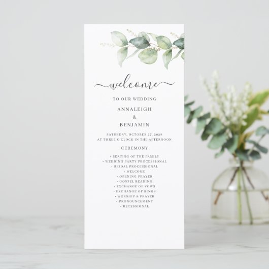 Minimalistisches Eukalyptus Greenery-Hochzeitsprog (Stehend Vorderseite)