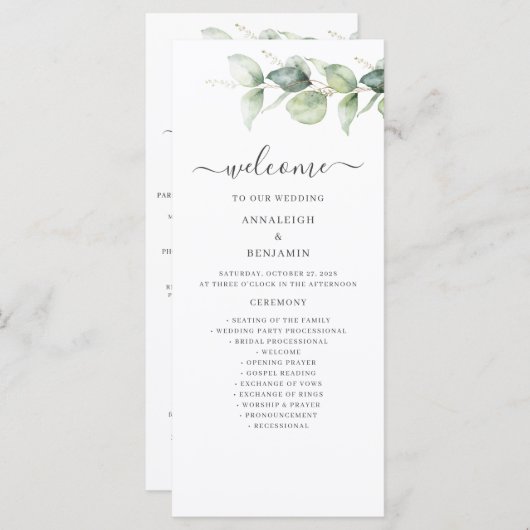 Minimalistisches Eukalyptus Greenery-Hochzeitsprog (Vorne/Hinten)