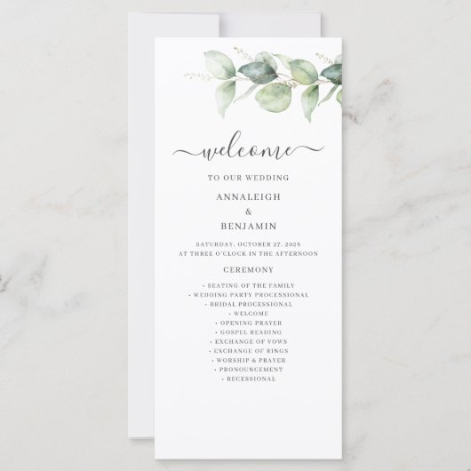 Minimalistisches Eukalyptus Greenery-Hochzeitsprog (Vorderseite)