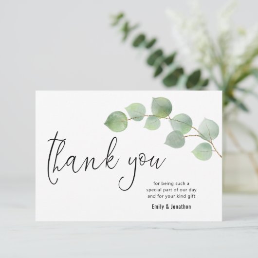 Minimalistisches Eukalyptus-Leaf-Script-Foto Dankeskarte (Stehend Vorderseite)