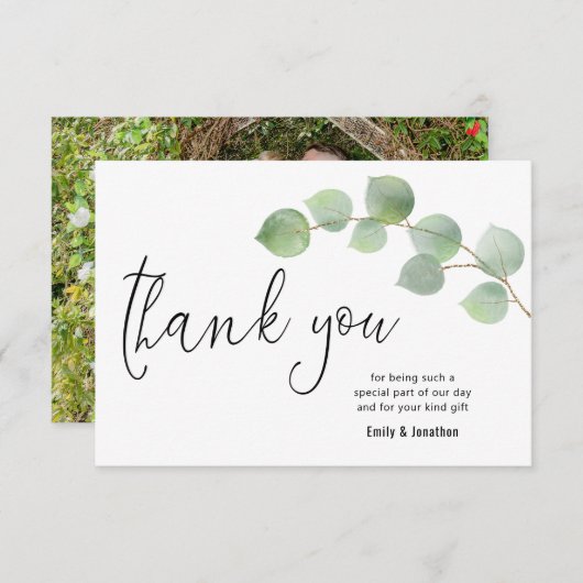 Minimalistisches Eukalyptus-Leaf-Script-Foto Dankeskarte (Vorne/Hinten)