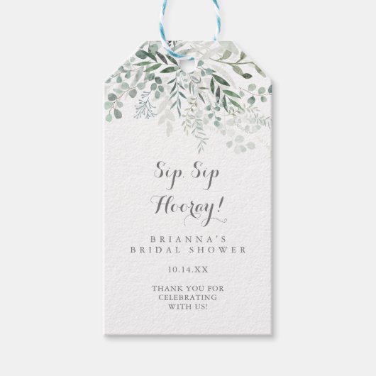 Minimalistisches Eukalyptus-Sip-Hooray-Brautparty Geschenkanhänger (Vorderseite)
