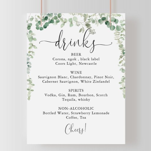 Minimalistisches Eukalyptus Wedding Drinks Menü-Ze Poster
