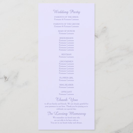 Minimalistisches Florales Lavendel-Hochzeitsprogra Programm (Rückseite)