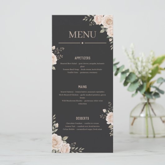 Minimalistisches Florales Schwarzes Restaurant- od Programm (Stehend Vorderseite)