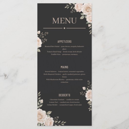 Minimalistisches Florales Schwarzes Restaurant- od Programm (Vorderseite)