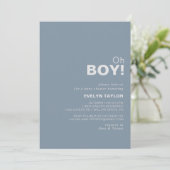 Minimalistisches formales Blue Oh Boy Baby Dusche Einladung (Stehend Vorderseite)
