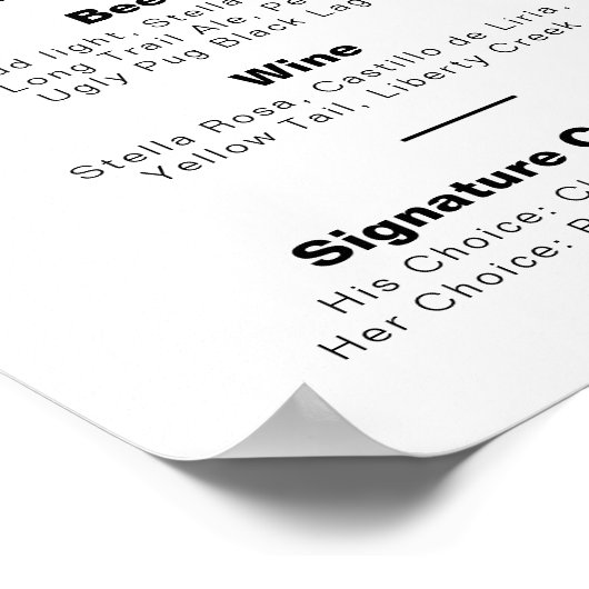 Minimalistisches formales Hochzeitmenü Bar Poste Poster (Ecke)