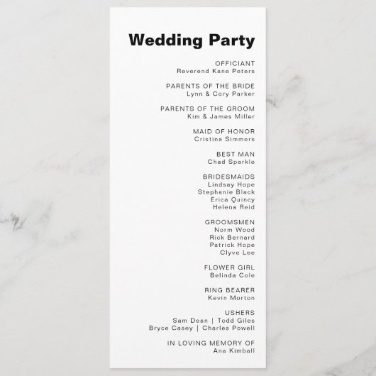 Minimalistisches formales Hochzeitsprogramm Programm (Rückseite)