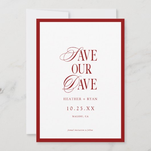 Minimalistisches formales Red Wedding Foto Save The Date (Vorderseite)