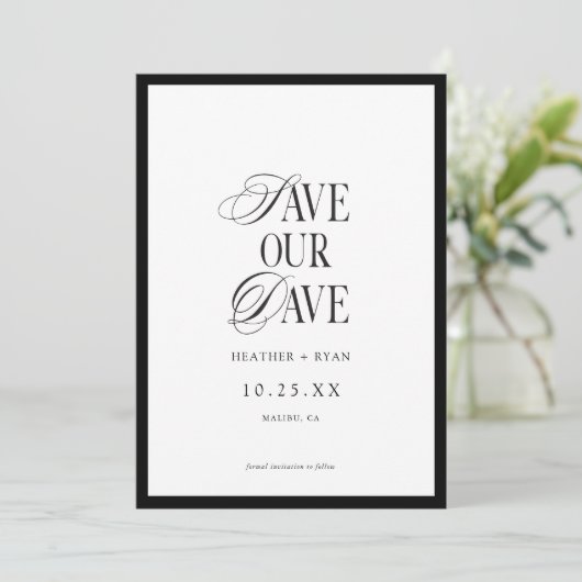 Minimalistisches formales Schwarz-Weiß-HochzeitsFo Save The Date (Stehend Vorderseite)