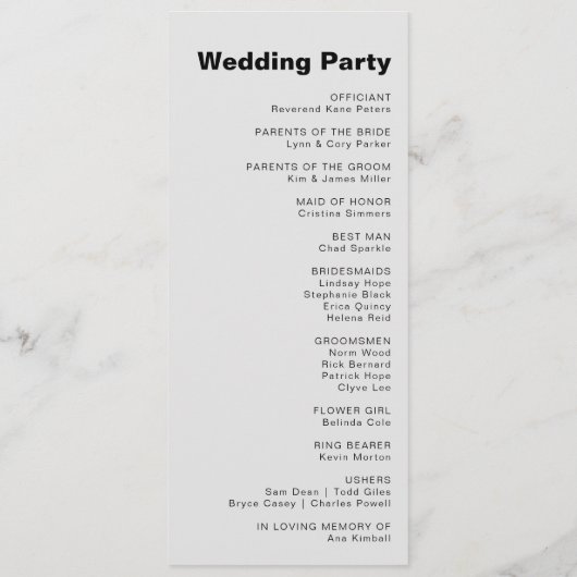 Minimalistisches formales Schwarzes Hochzeitsprogr Programm (Rückseite)