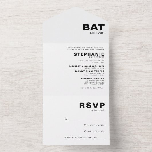 Minimalistisches formelles Elegant Bat Mitzvah All In One Einladung (Innen Boden)