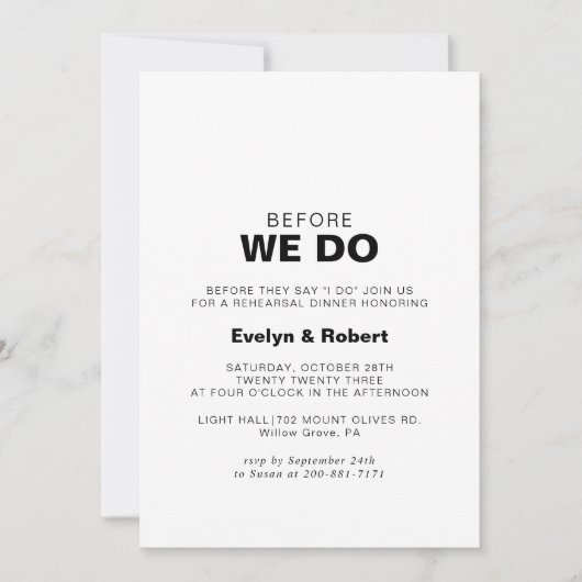 Minimalistisches Formular, bevor wir Probe essen Einladung (Vorderseite)