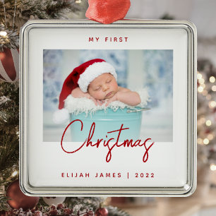 Minimalistisches Foto Baby's erstes Weihnachten ro Ornament Aus Metall