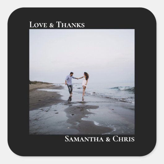 Minimalistisches Foto Black Liebe & Danke Hochzeit Quadratischer Aufkleber (Vorderseite)