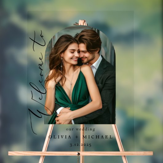 Minimalistisches Foto Bogen Hochzeit Willkommen Acrylschild (Neutral)