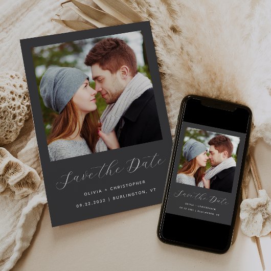 Minimalistisches Foto Charcoal Gray Script Save The Date