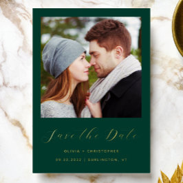 Minimalistisches Foto Emerald Green Gold Script Folieneinladung