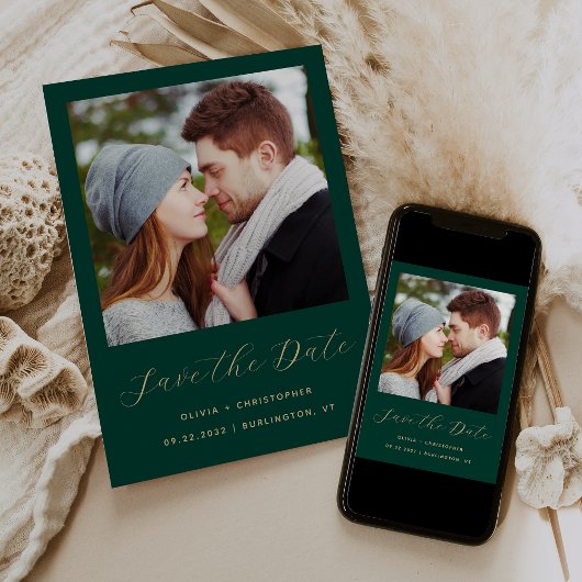 Minimalistisches Foto Emerald Green Gold Script Save The Date