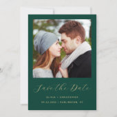 Minimalistisches Foto Emerald Green Gold Script Save The Date (Vorderseite)
